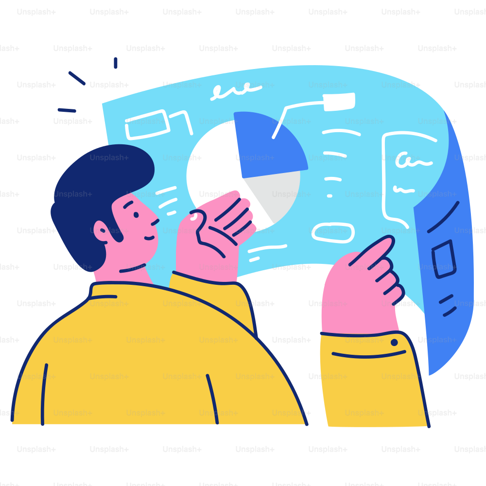 Un hombre señalando un gráfico circular y datos en pantalla.