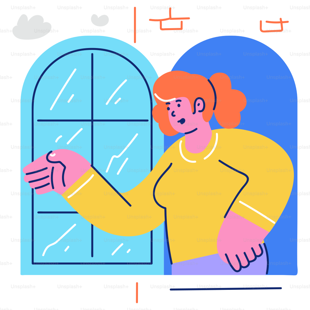 Woman with orange hair looking out window vector – Illustration Image ...