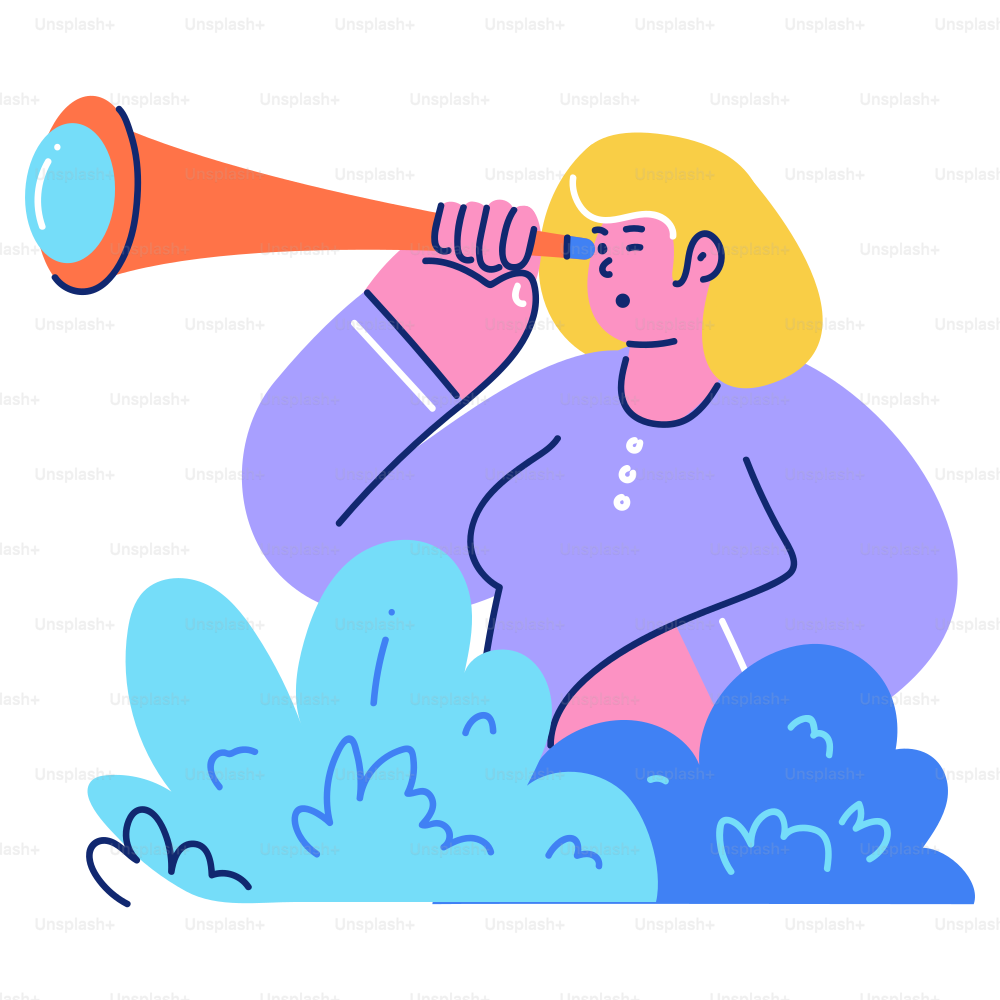 Woman looking through a telescope over bushes