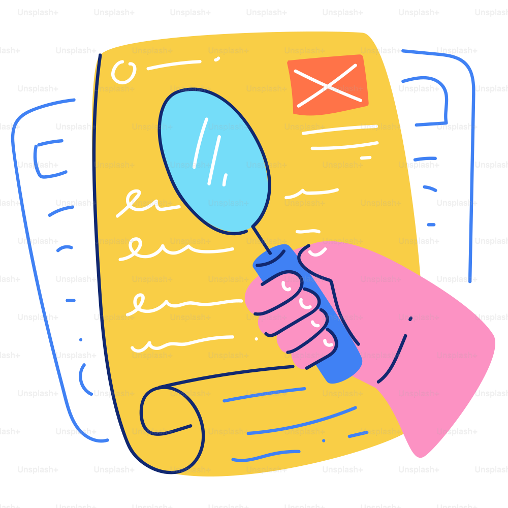Hand holding magnifying glass over document