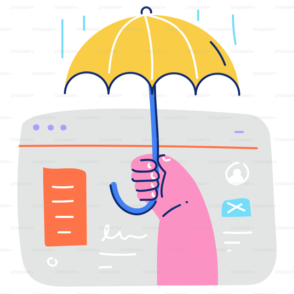 Hand holding umbrella over web page during rain.