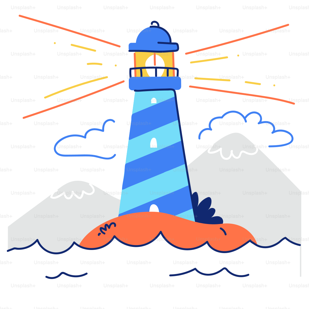A blue and white striped lighthouse on a small island