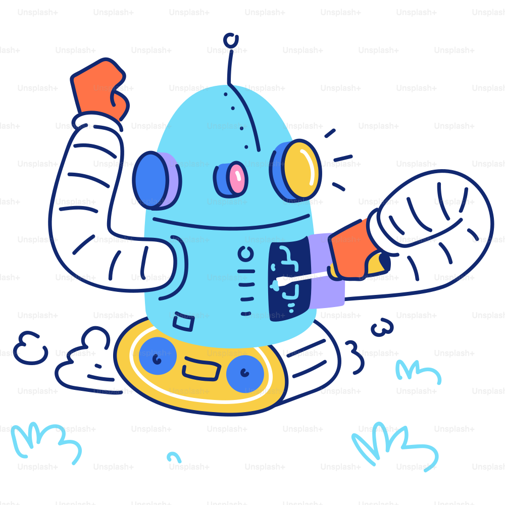 Ein cartoon-blauer Roboter mit Boxhandschuhen auf den Ketten