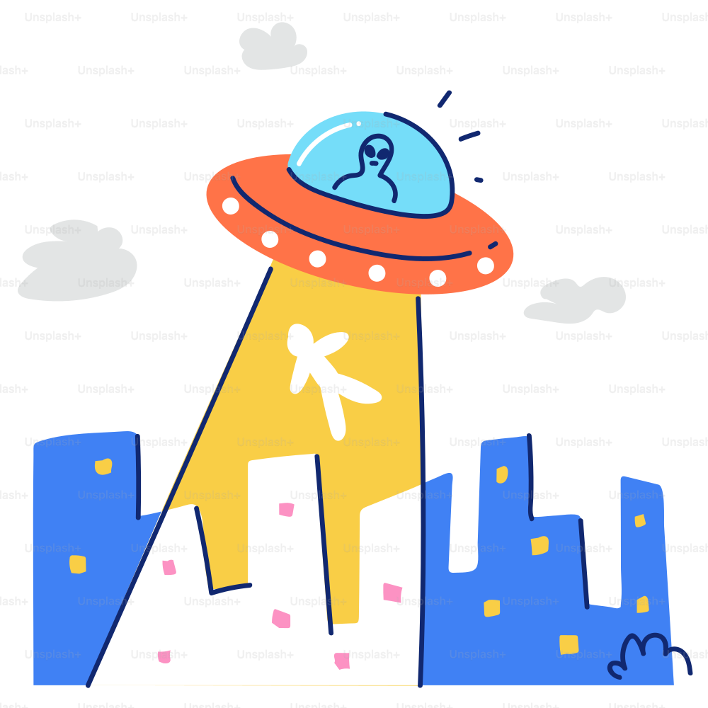 Alien spaceship beams person up over city skyline.