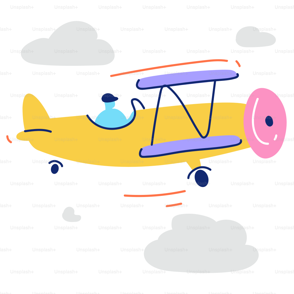 A yellow biplane flies through clouds with a pilot