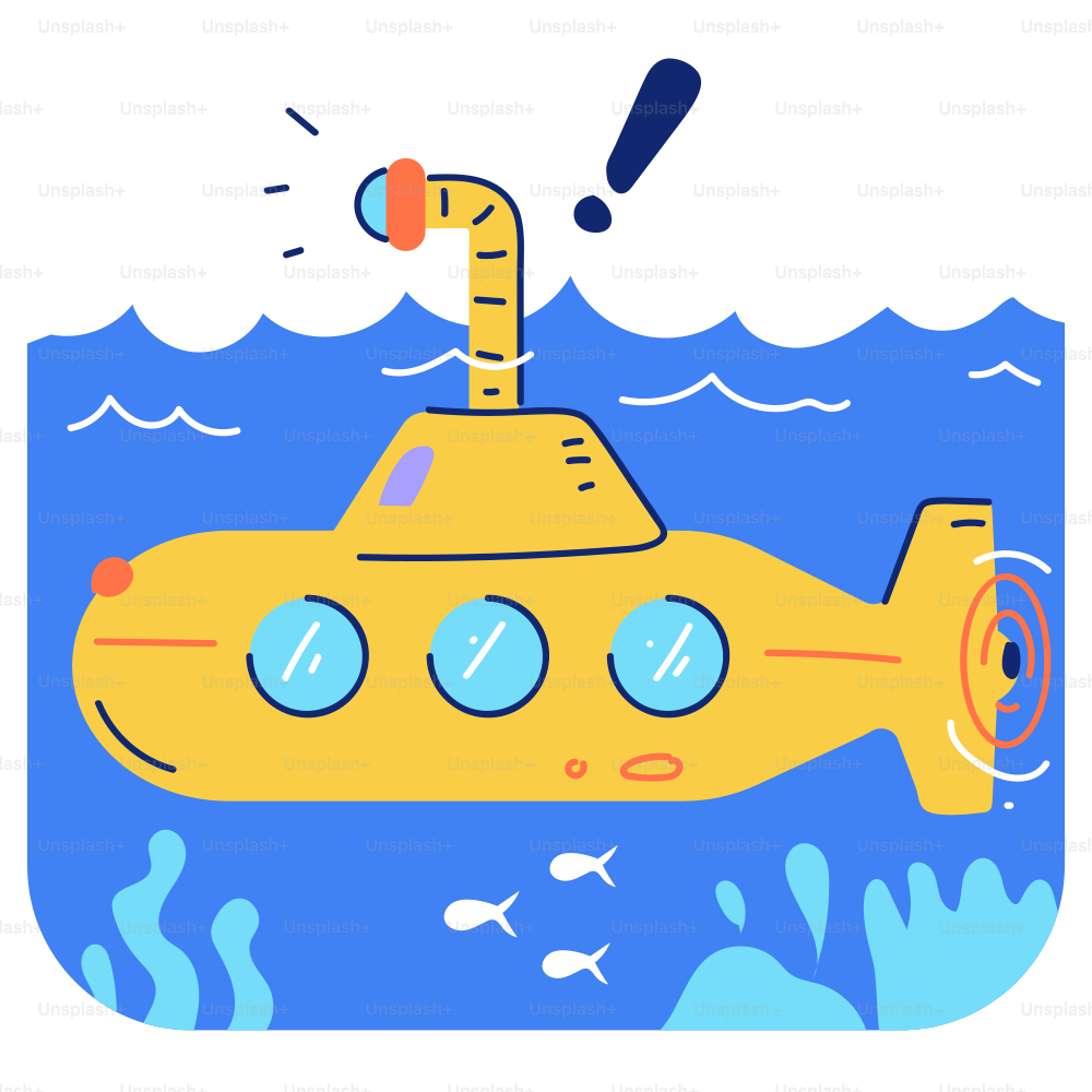 A yellow submarine sails through blue water with fish.