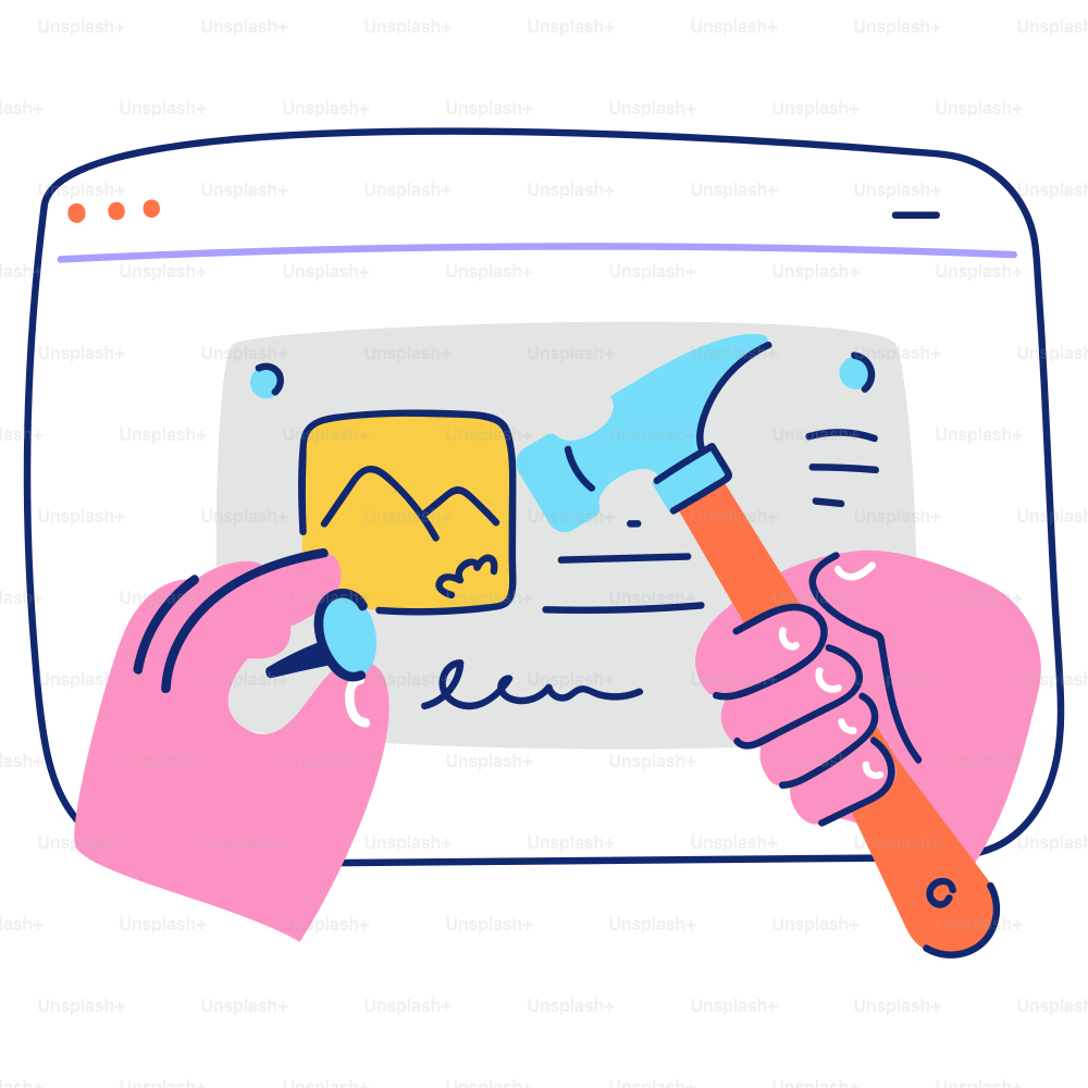 Mani che costruiscono un sito web con martello e chiodo.