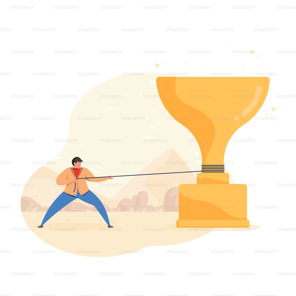 Man pulling a large golden trophy with a rope.