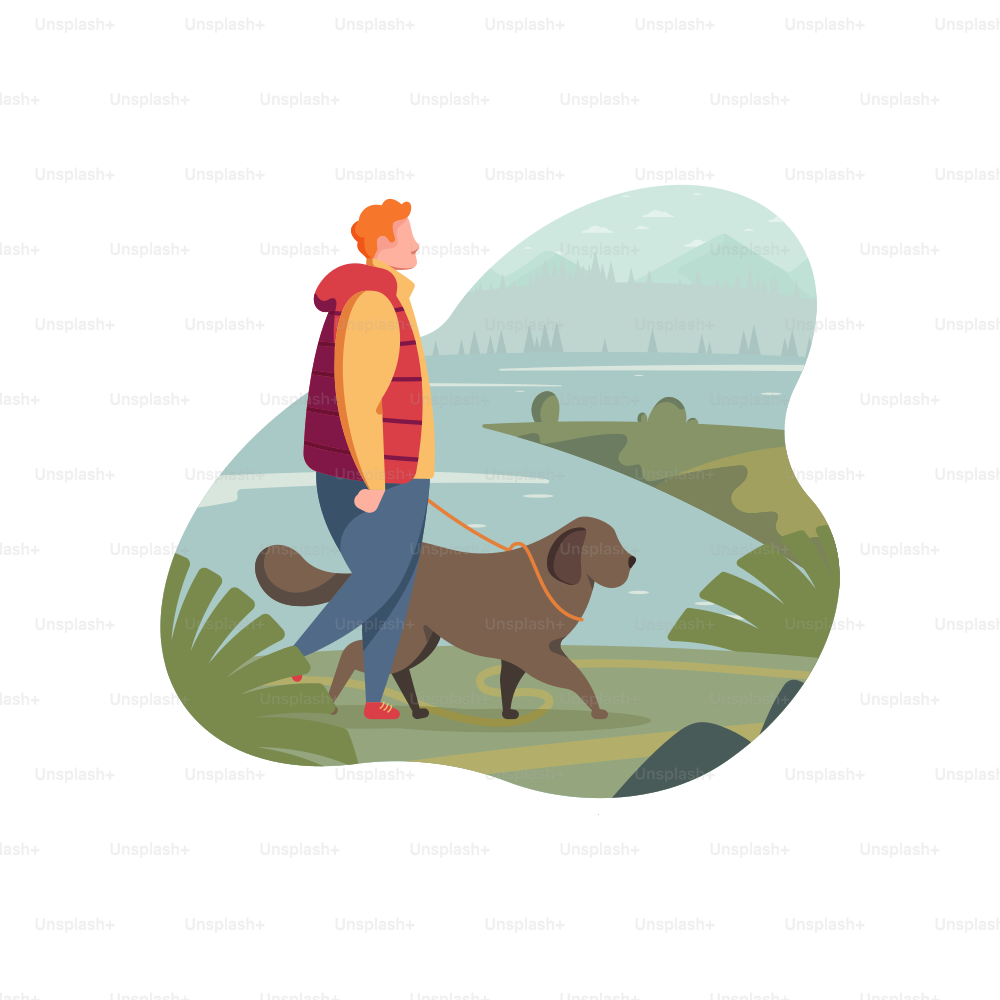 Man walking a dog by a lake