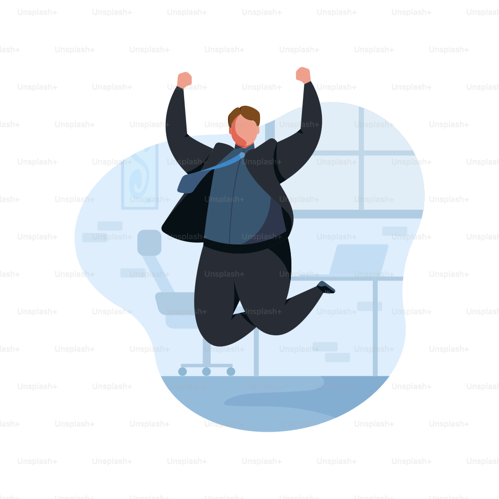 Man in suit jumping with arms raised in celebration.