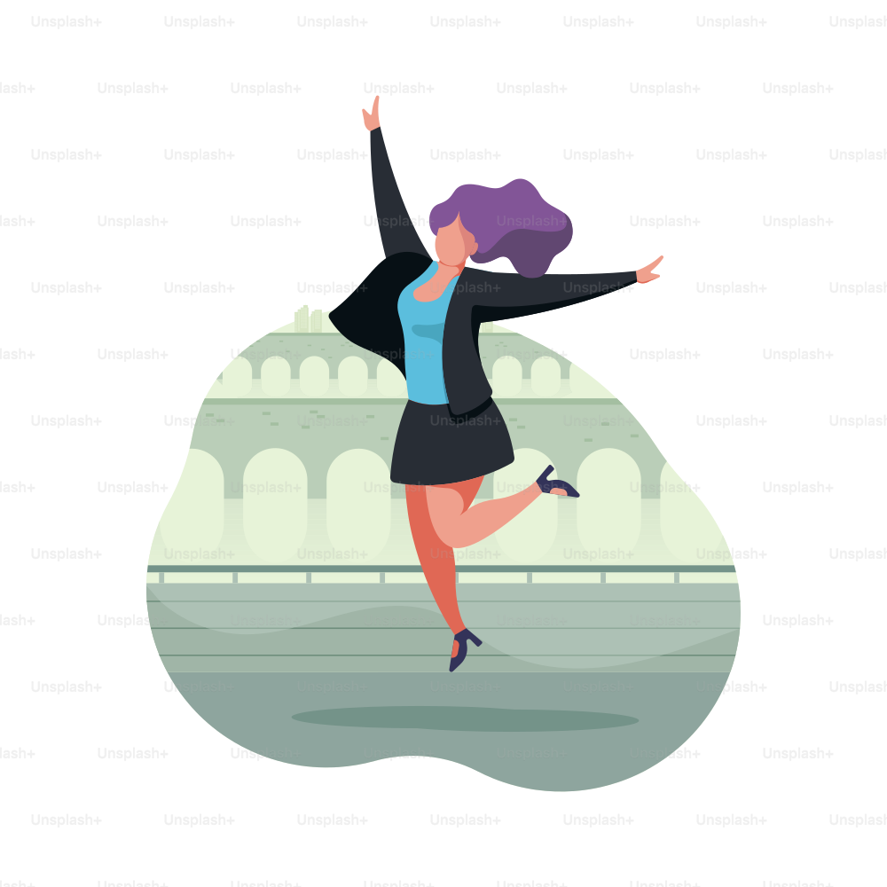 A woman in business attire jumps joyfully outdoors.