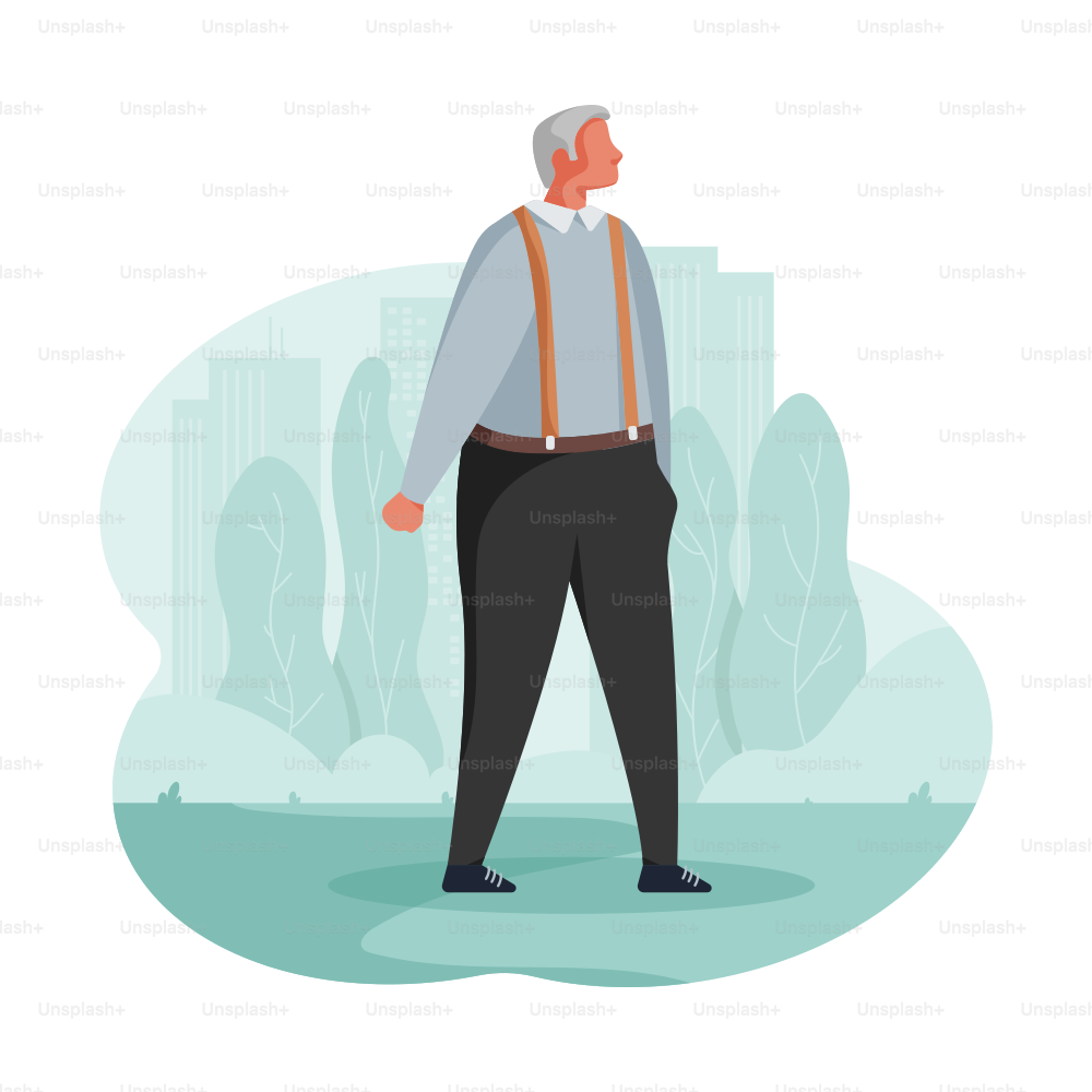 Elderly man with suspenders standing outdoors.