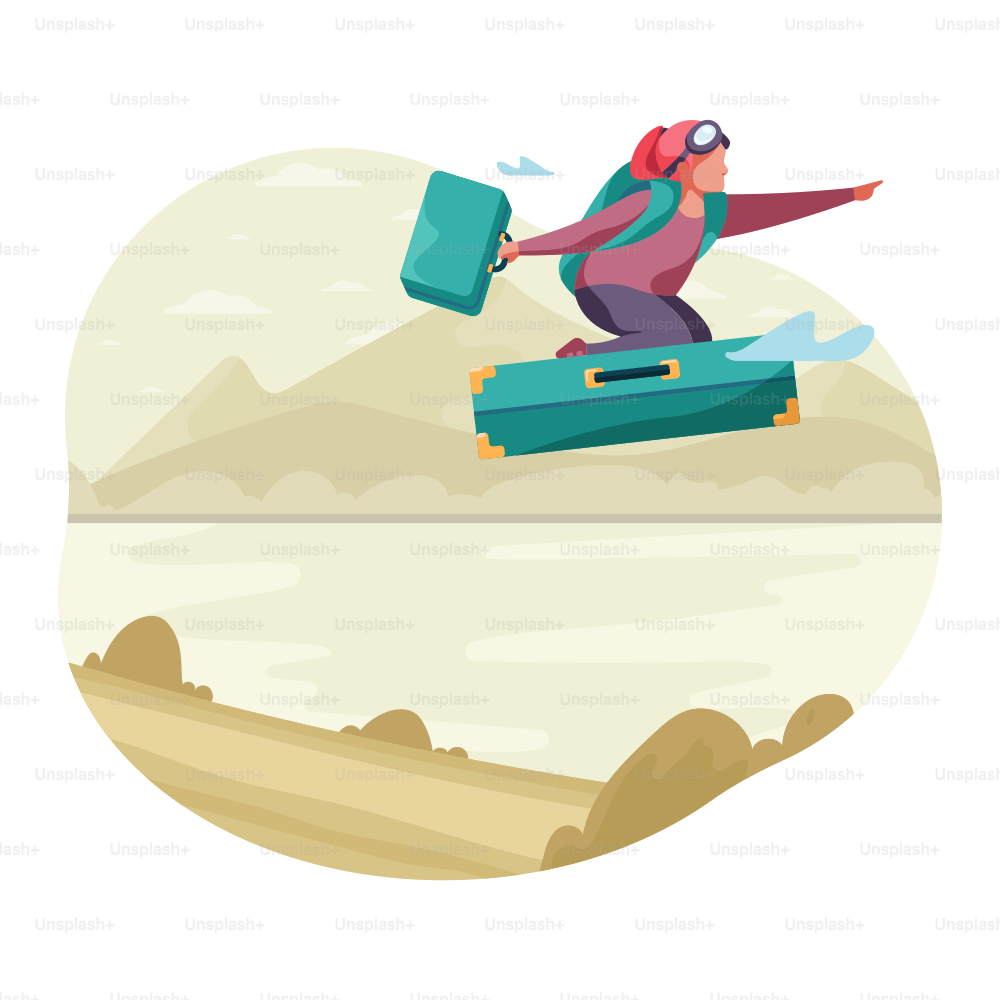 Person flying with luggage over a landscape