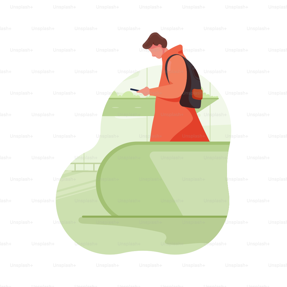 Homme en veste orange regardant son téléphone avec un sac à dos