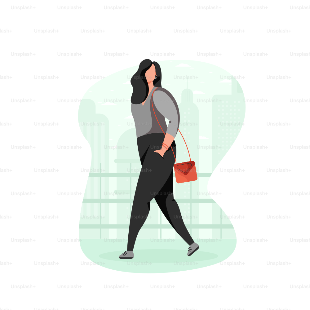A woman walks with a red purse.