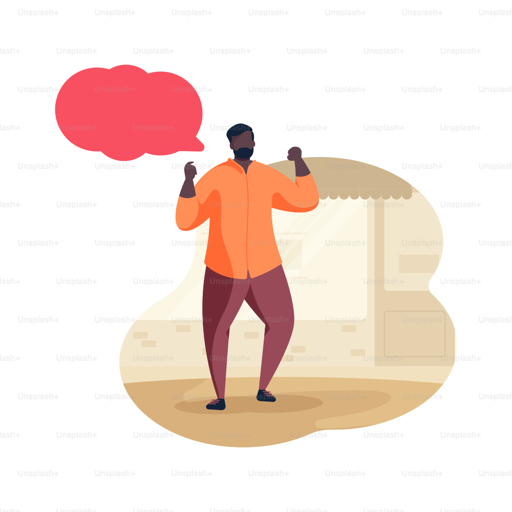 Man with arms raised and speech bubble