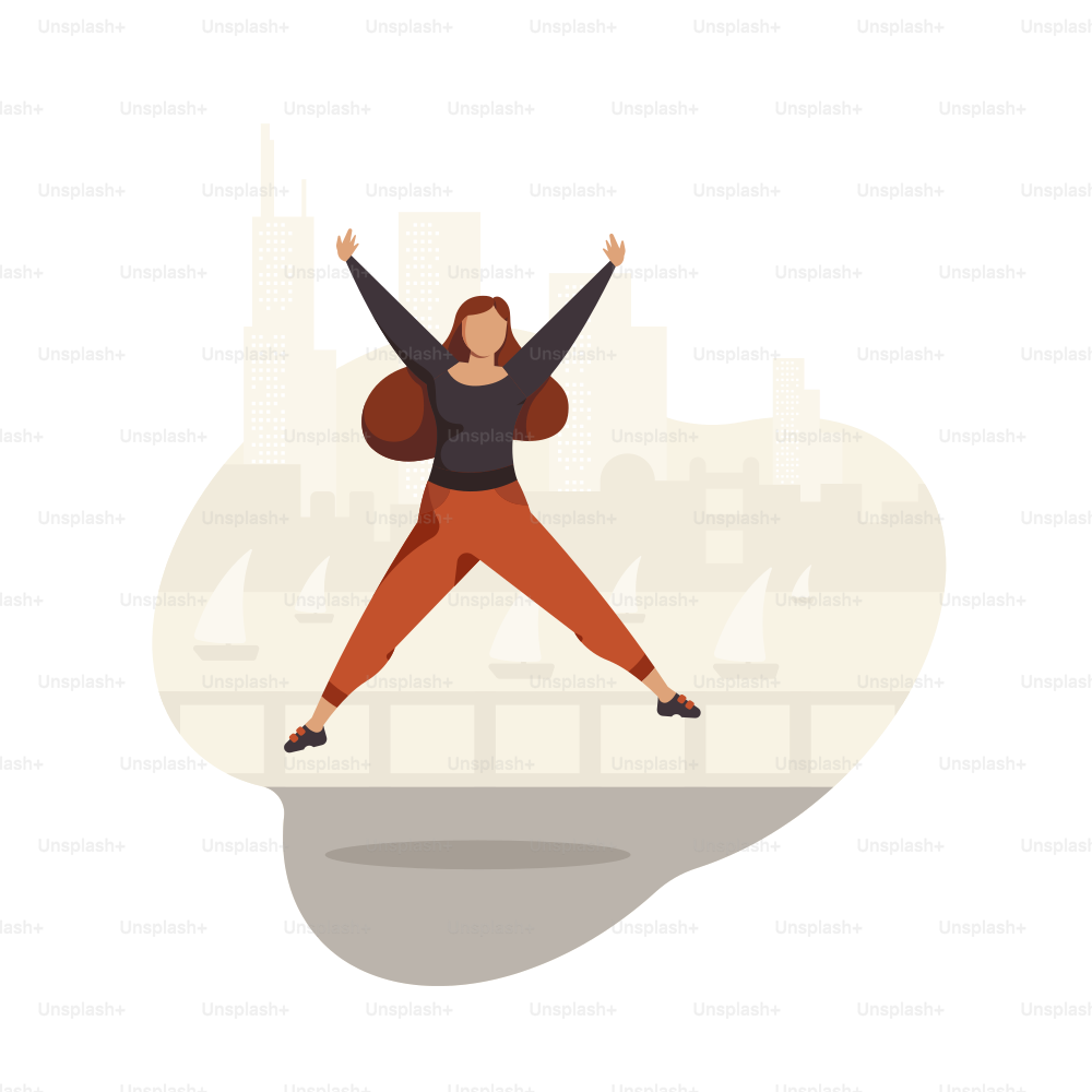 A woman jumping with arms raised in celebration.