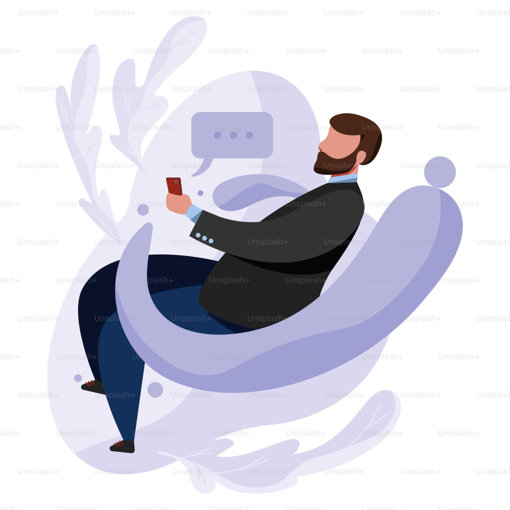 Homem de terno mandando mensagem no celular em um ambiente abstrato