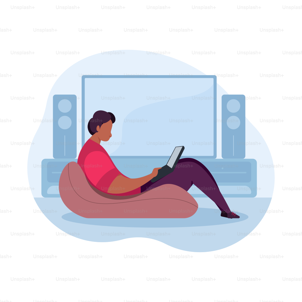 Person, die sich auf dem Sitzsack mit Tablet und Fernseher entspannt.