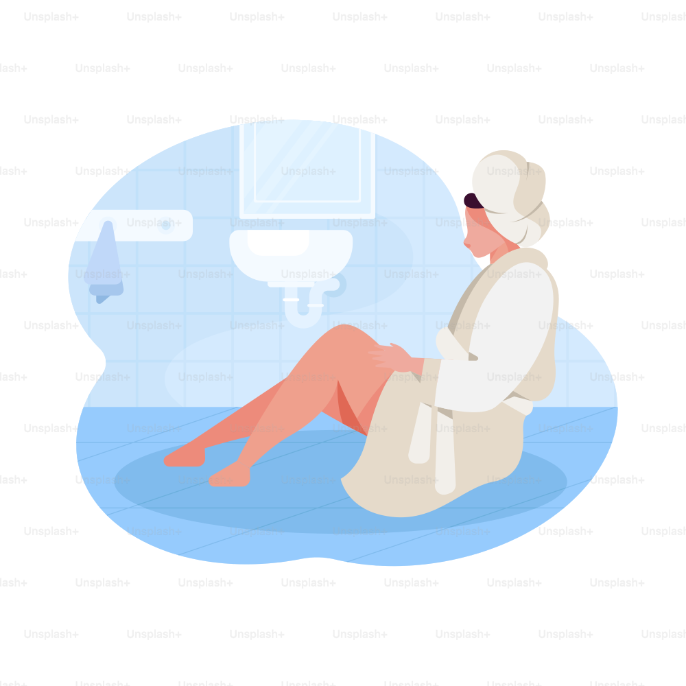 Wanita berjubah mandi dan handuk bersantai di kamar mandi