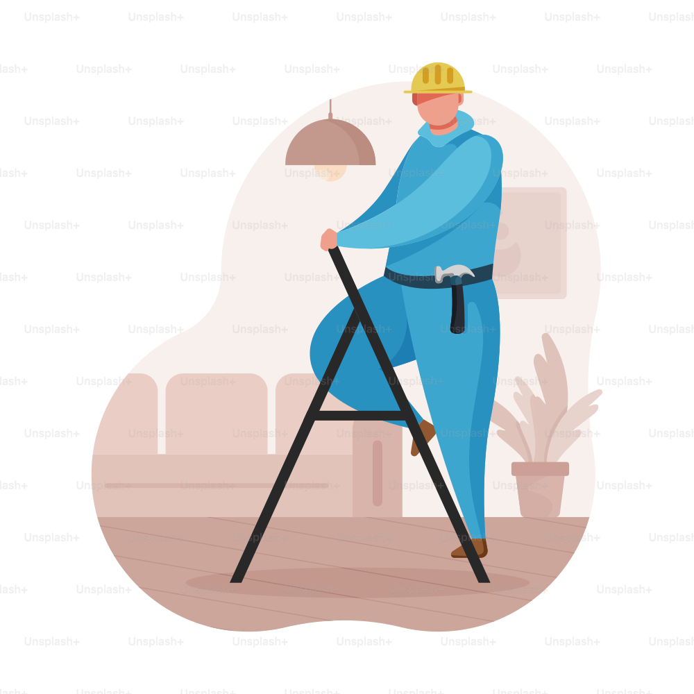 Ein Arbeiter in blauen Overalls klettert eine Leiter hinauf.