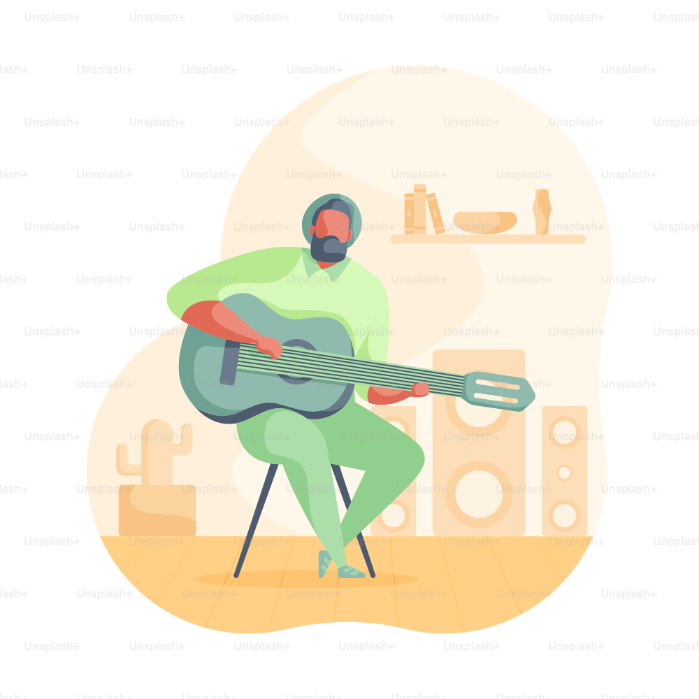 Un homme jouant de la guitare assis à l’intérieur.