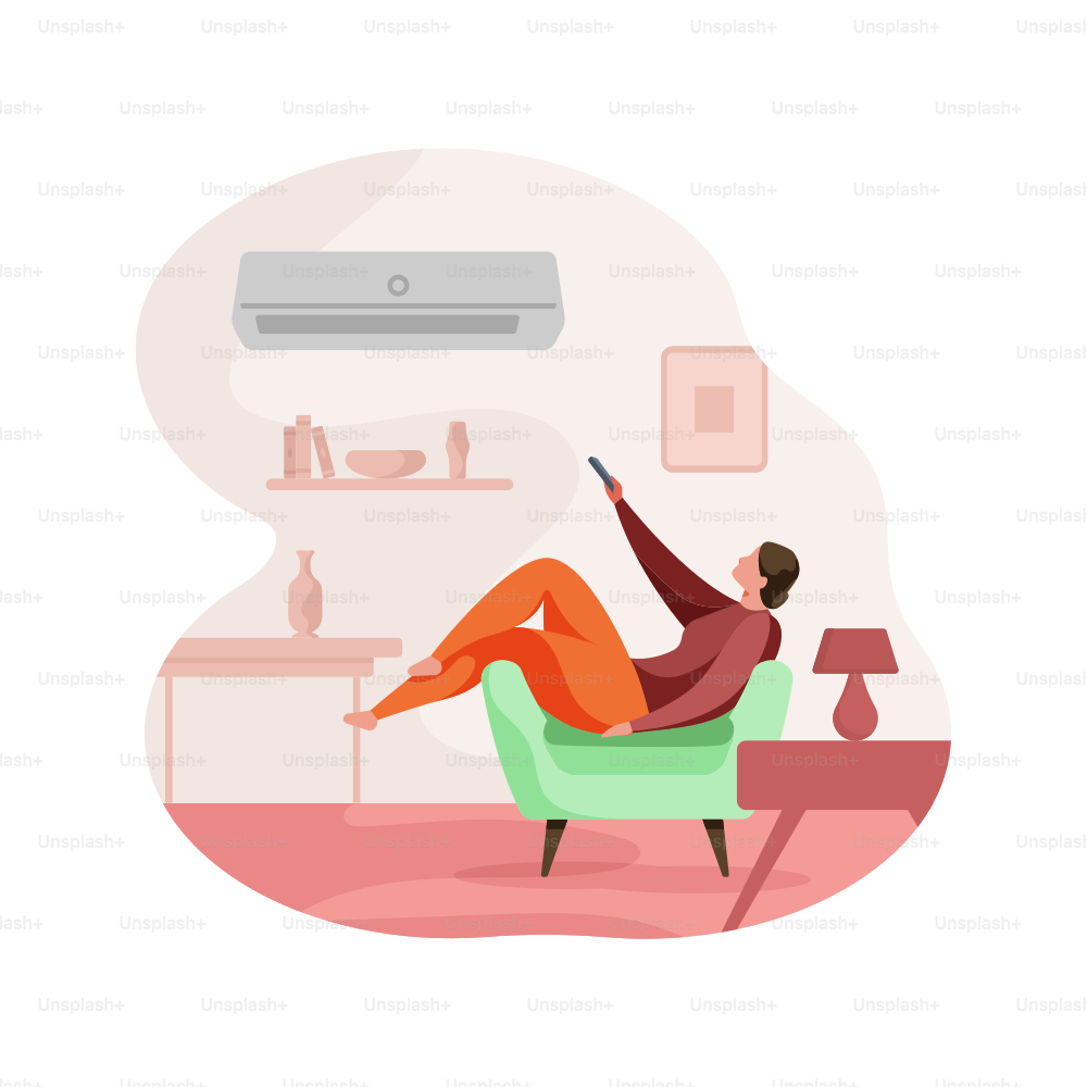 Persona che si rilassa in poltrona con il telecomando del condizionatore.