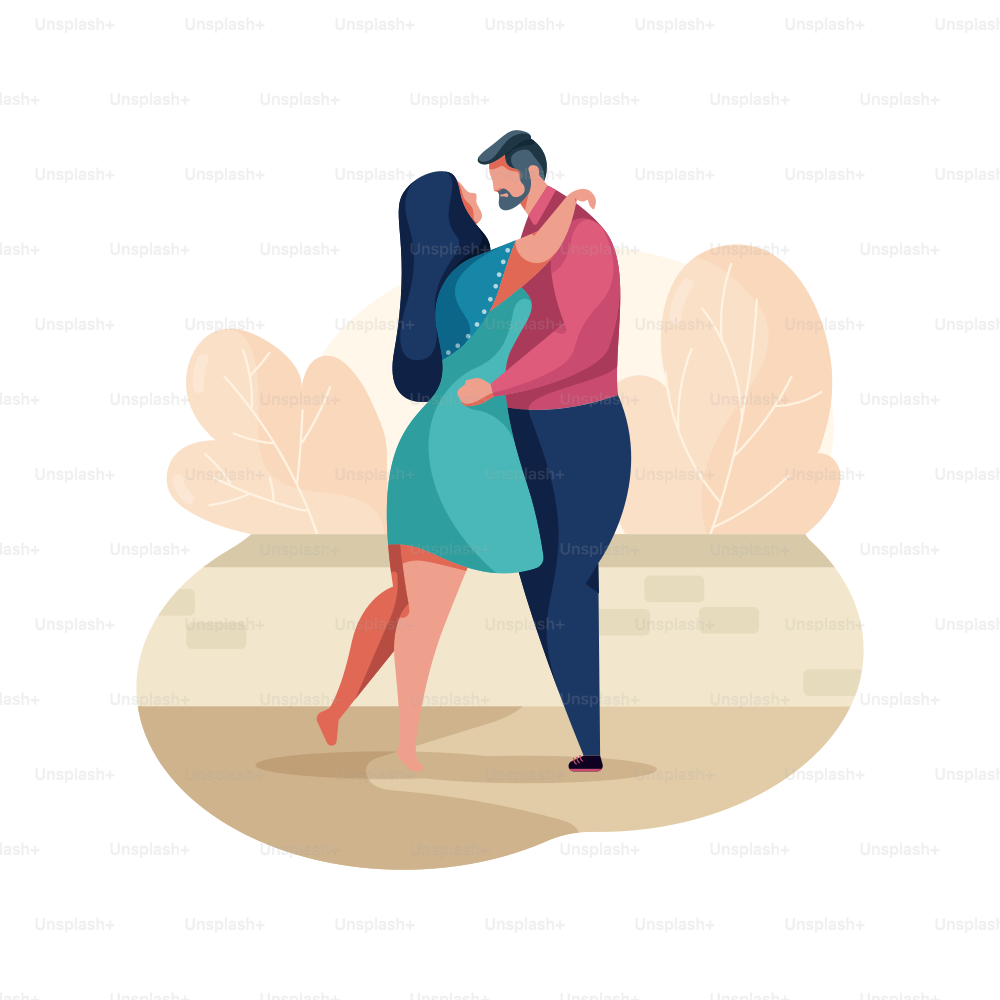 Couple embracing in a park with stylized trees