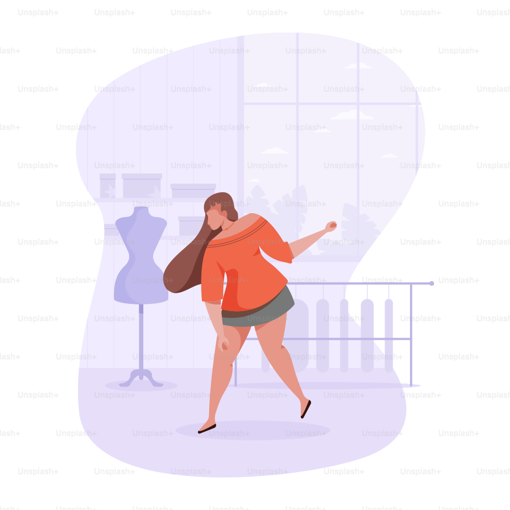 A woman in an orange top and grey skirt dances.