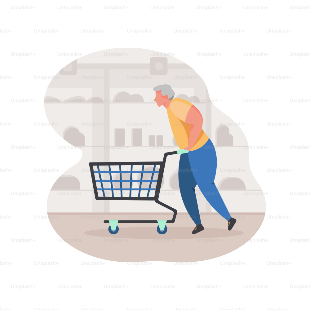 Une personne âgée poussant un chariot dans un magasin.