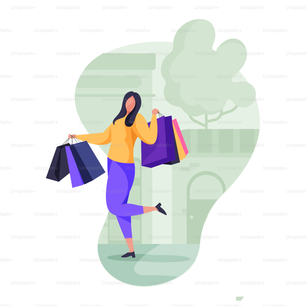 A woman happily carries shopping bags after a shopping spree.