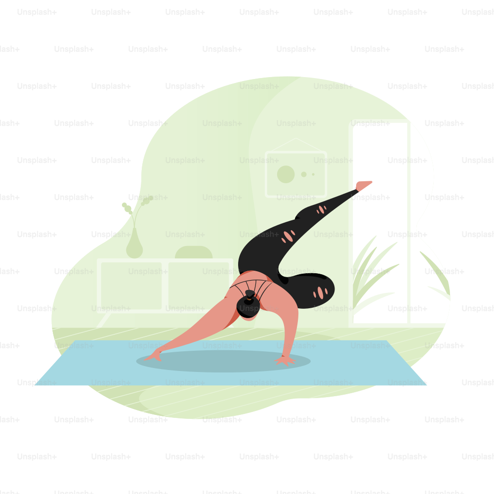 Mulher em postura de yoga no tapete dentro de casa