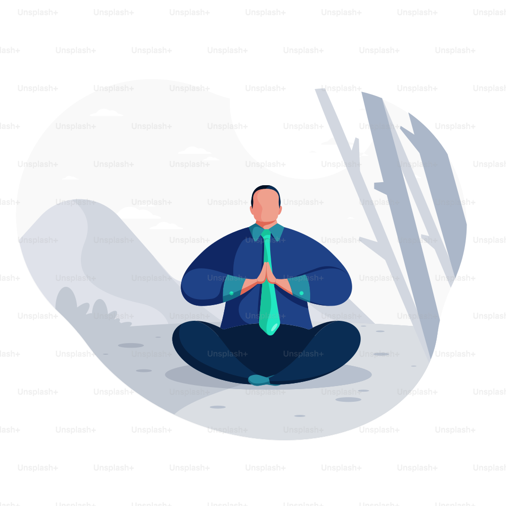 Man in suit meditating outdoors in a serene landscape.