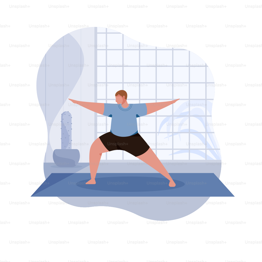Man practicing yoga warrior pose on mat