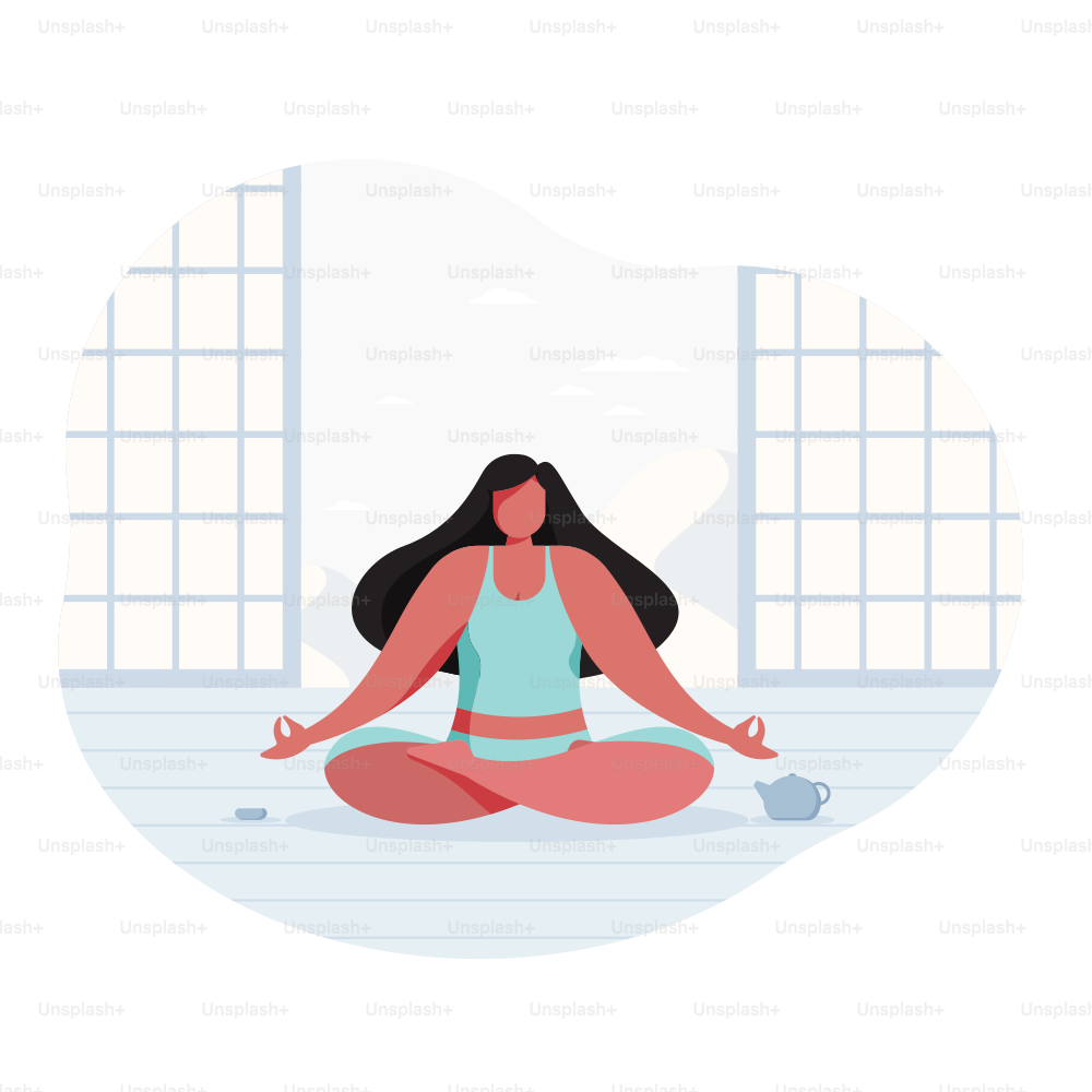 Woman meditating in a serene room with a teapot.