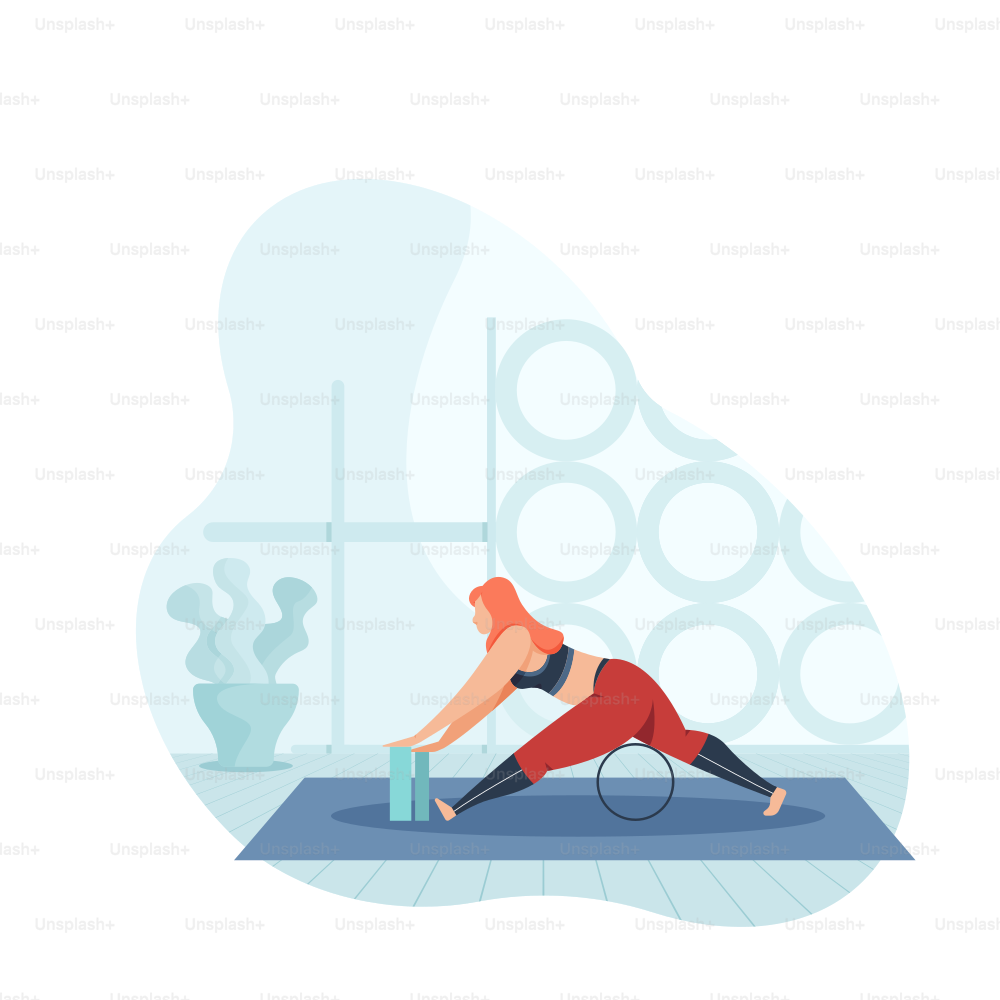 Mulher alongando em tapete de yoga com bloqueios e bloqueios