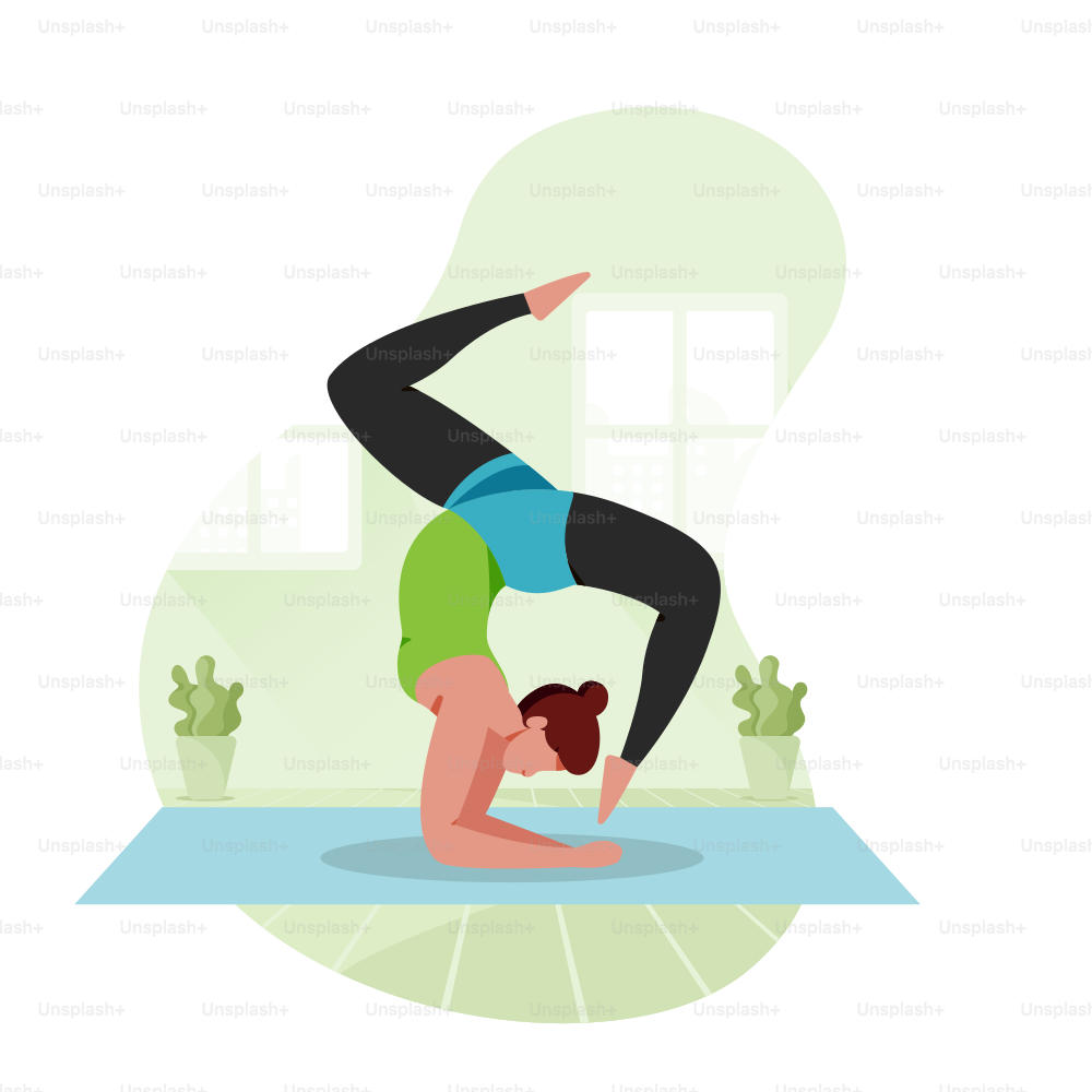 Frau, die eine Yoga-Skorpion-Pose auf einer Matte ausführt.