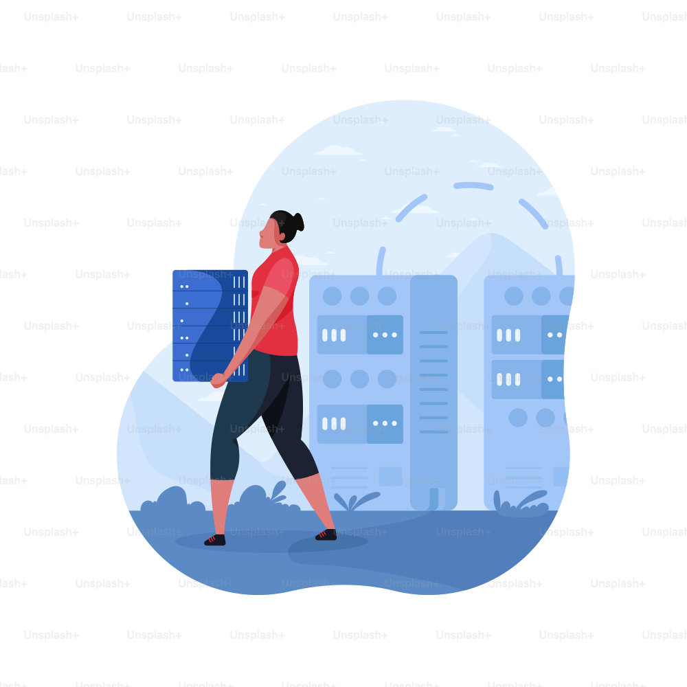 Woman carrying server rack near data center