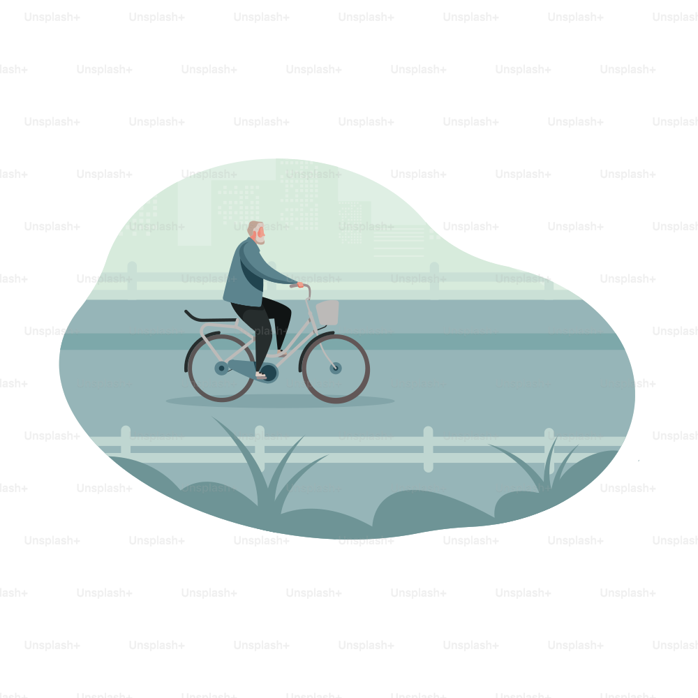 An elderly man rides a bicycle on a path.