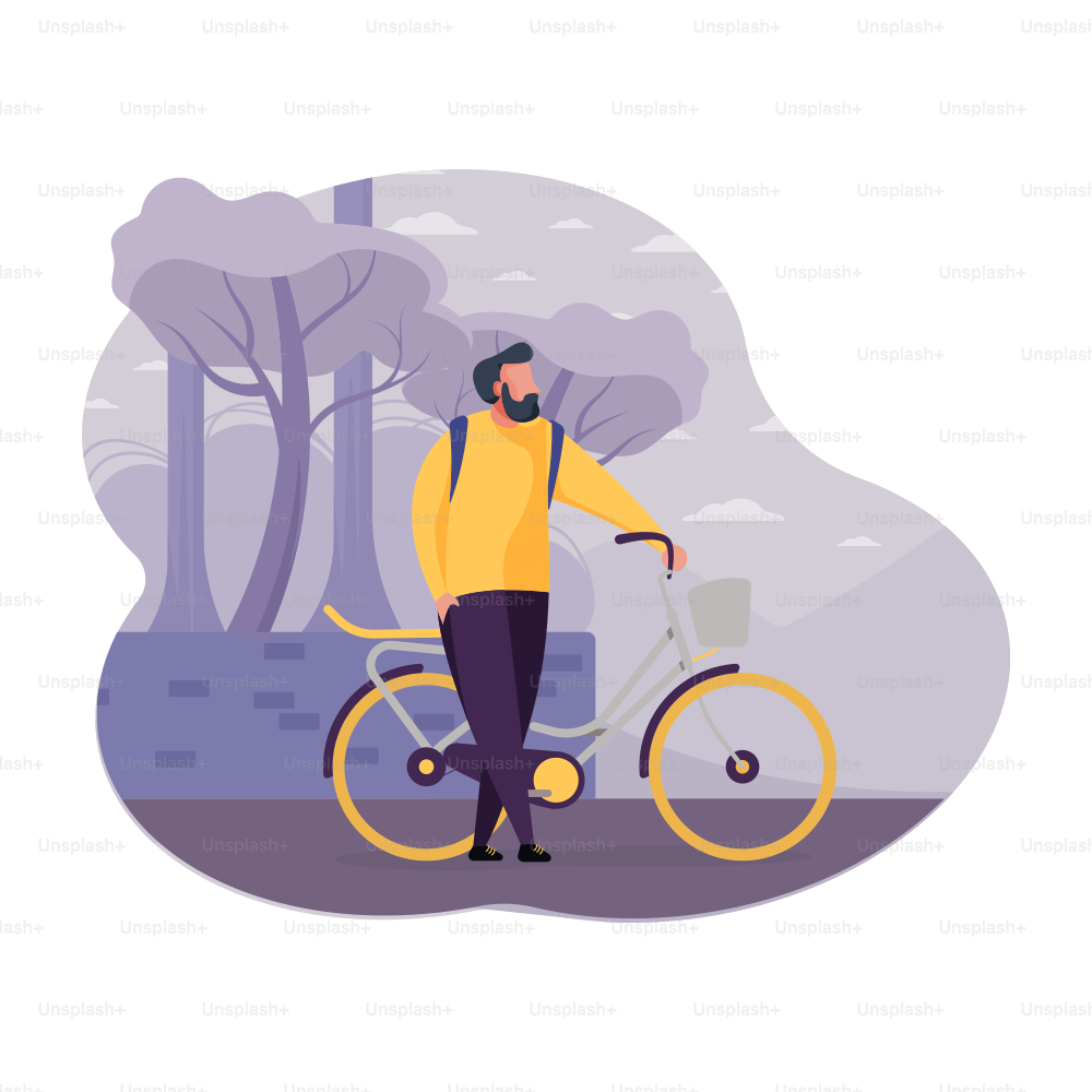 Homem com bicicleta em um cenário de parque.