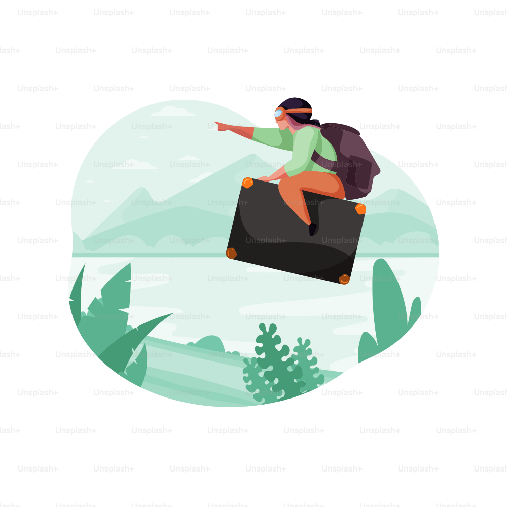 Woman with backpack rides suitcase over landscape