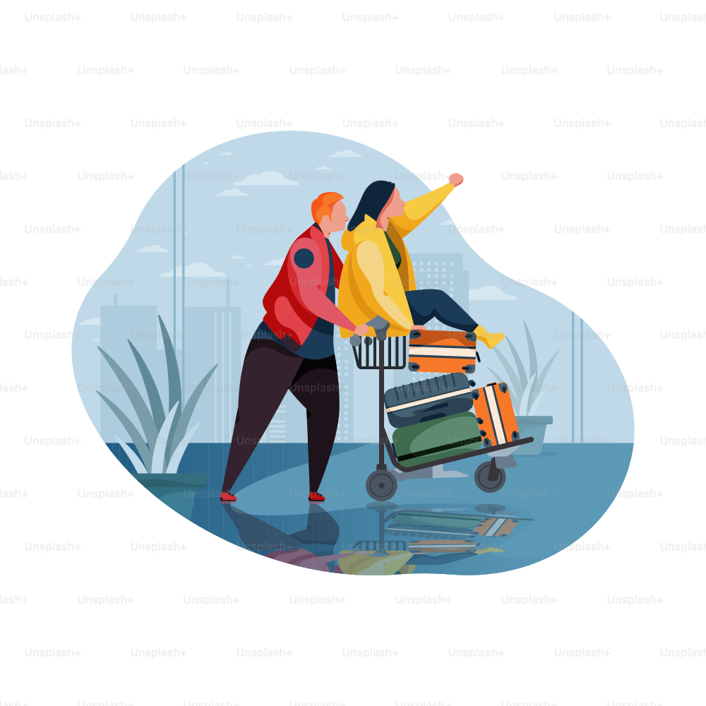 Un couple avec bagages sur un chariot à l’aéroport