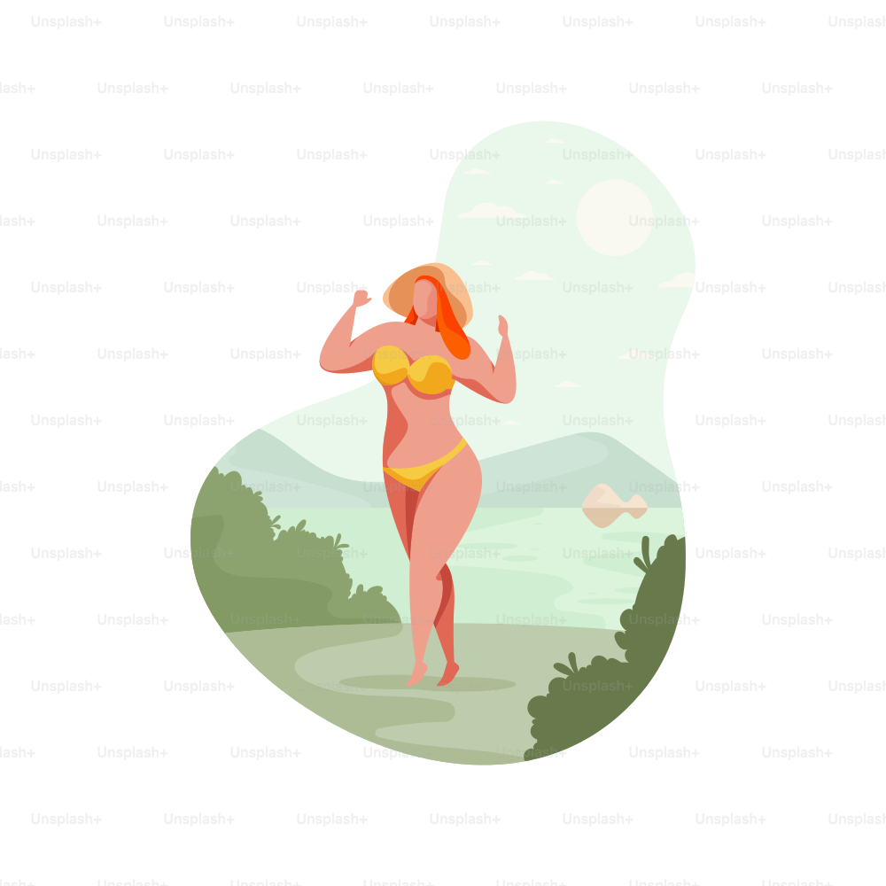 Donna in bikini giallo passeggia vicino a un lago