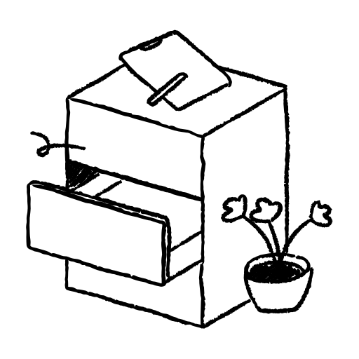 A simple drawing of a nightstand with an open drawer.