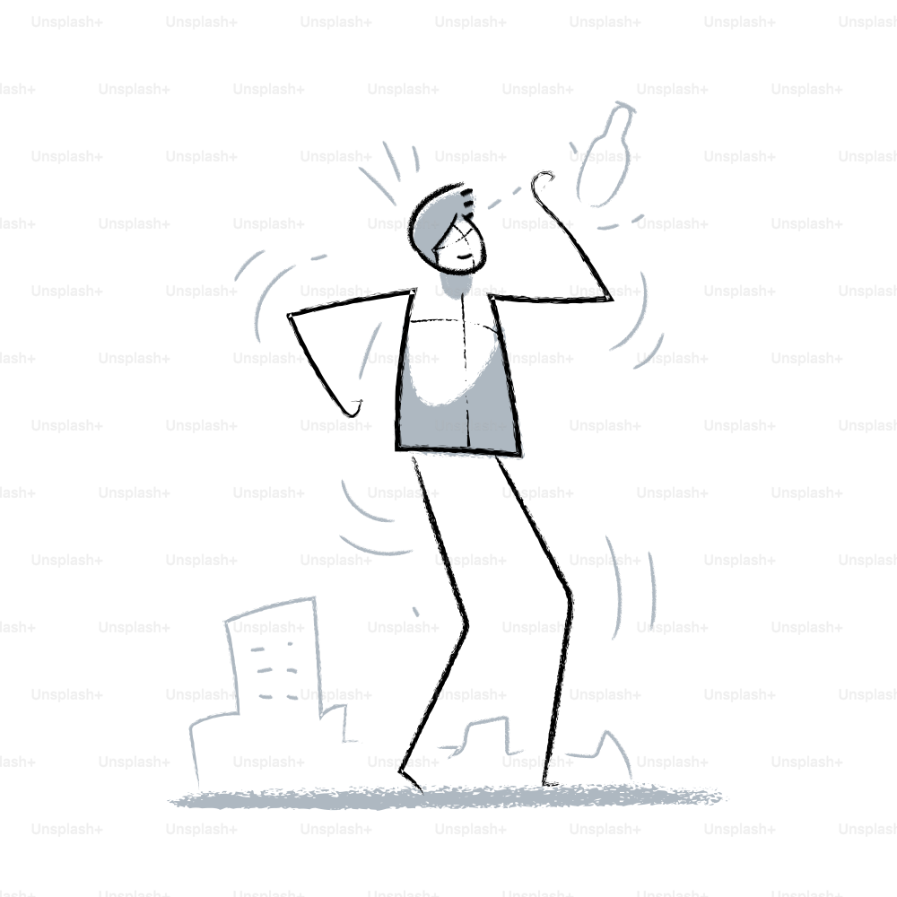 A stick figure juggles bottles against a city backdrop.