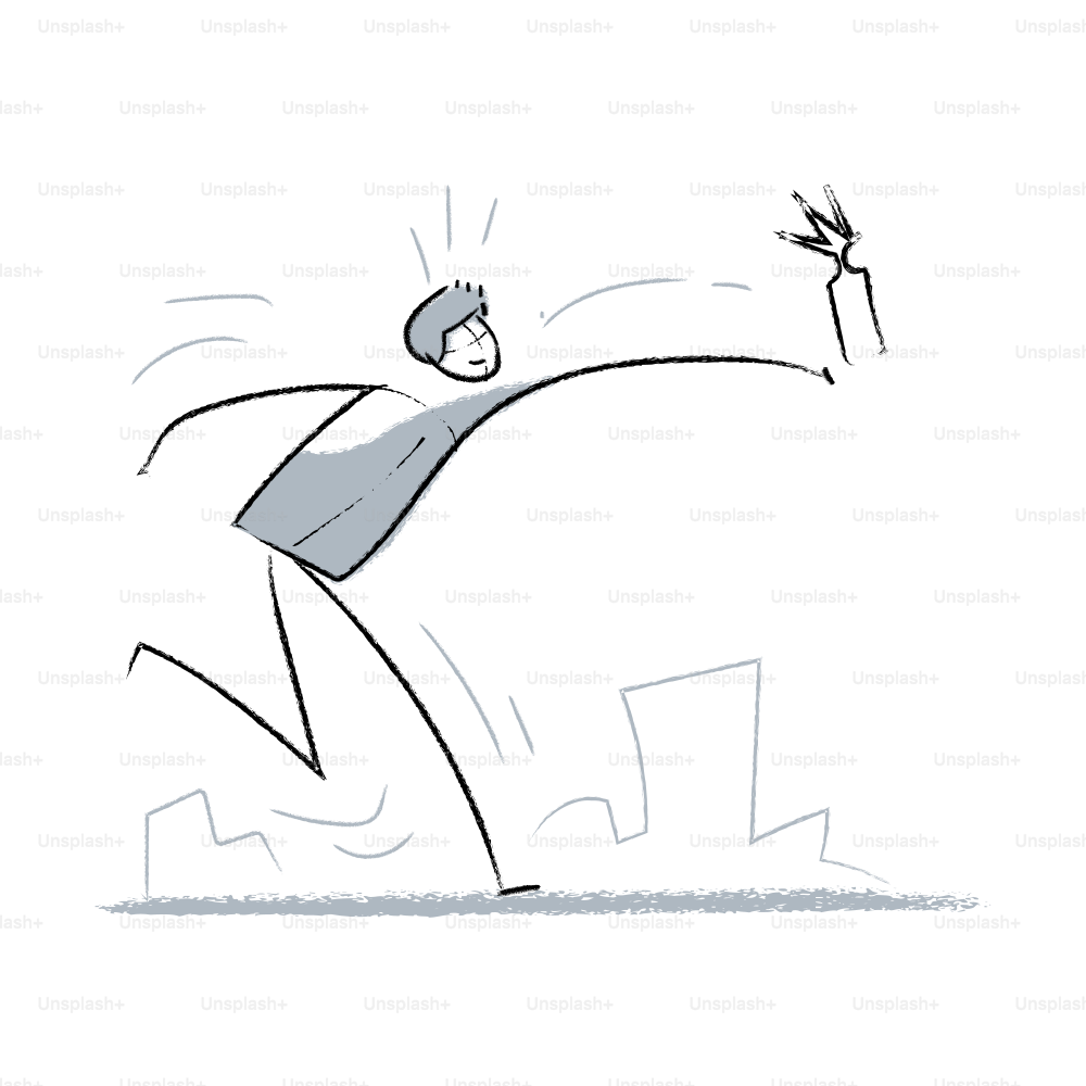 A stick figure running and waving in a city.