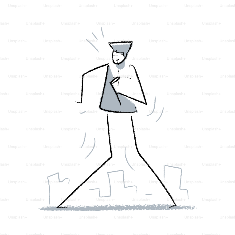 A stylized drawing of a person walking with buildings below.