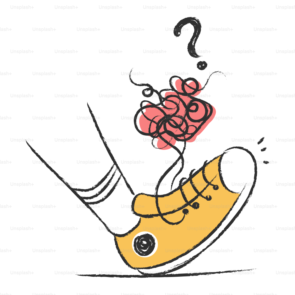 A foot stepping on tangled shoelaces with a question mark.