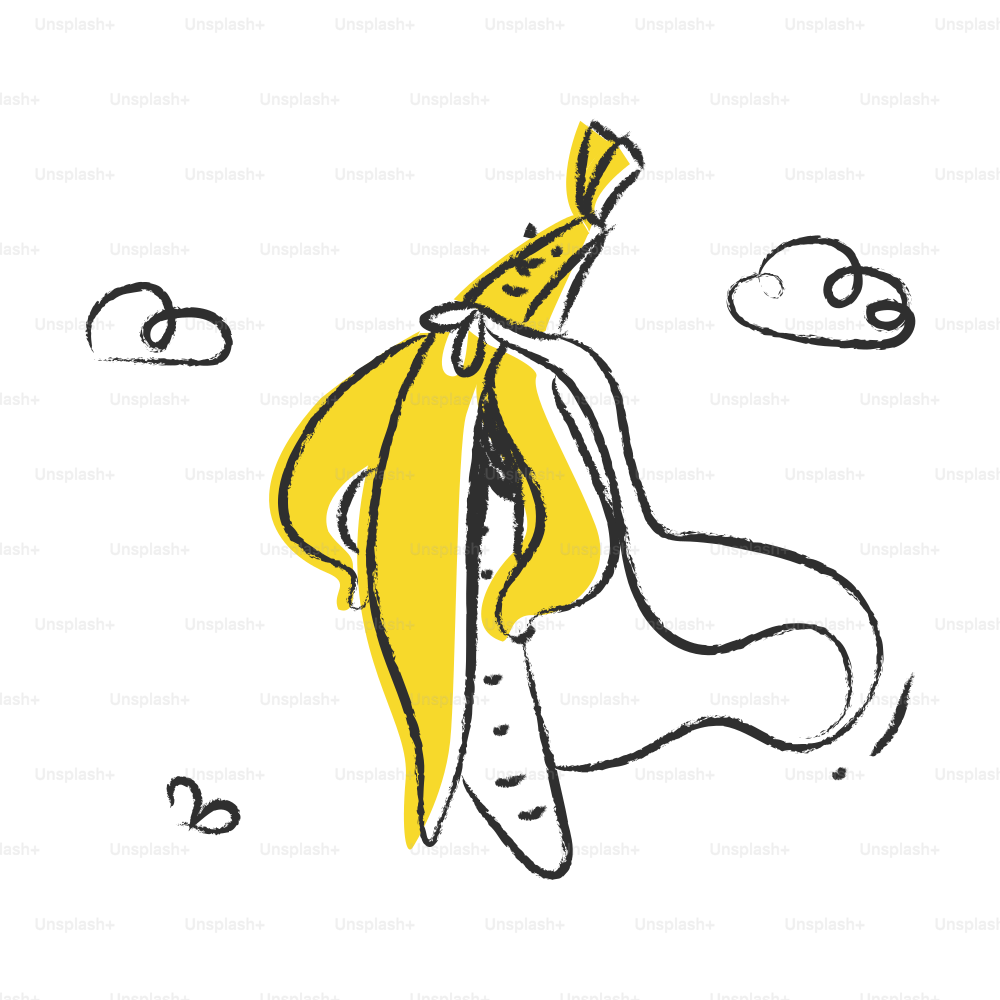 A banana wearing a cape flies through the sky.