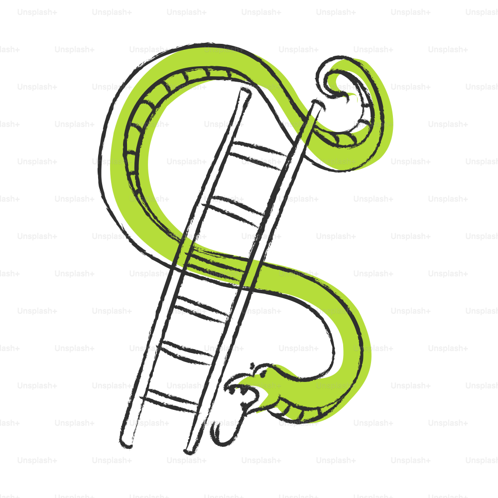 A green snake forms a dollar sign with a ladder.